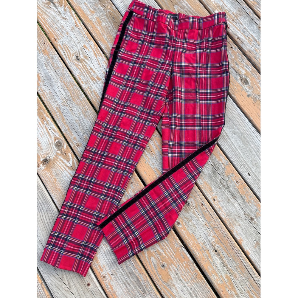 Talbots Slim Ankle Pant Red Plaid Velvet Stripe Wool Blend NWT Size 2